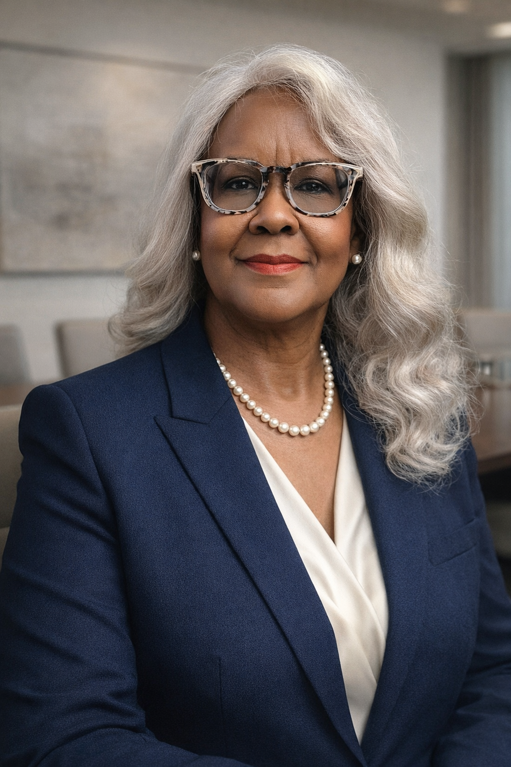 Dr. Hannah Forn\u00e9y, photographed in a navy blazer with a pearl necklace in a boardroom setting.